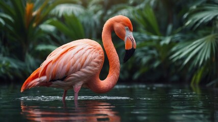 Obraz premium Pink flamingo surrounded by tropical palm leaves, vibrant and colorful exotic bird, nature and wildlife concept.