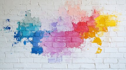 white brick wall with colorful patches of paint in shades of blue, pink, purple, and yellow, copy space