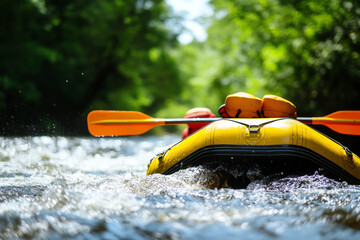 Adventure awaits on a thrilling rafting journey through rapid-filled waters, surrounded by lush green forest scenery on a sunny day.