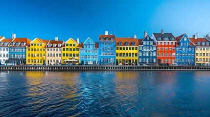 Obraz premium Colorful houses by the canal with reflection in blue water.