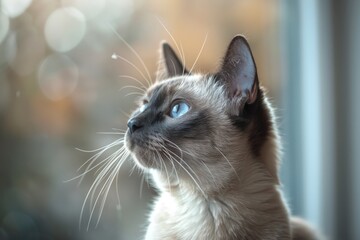 Siamese Cat Gazing Out Window: A beautiful Siamese cat with piercing blue eyes gazes out the window, bathed in soft sunlight, creating a captivating portrait of feline curiosity and tranquility. 