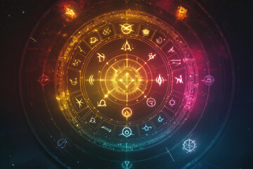 Circular astrological chart glowing on a dark background, featuring the twelve signs of the zodiac and other mystical symbols