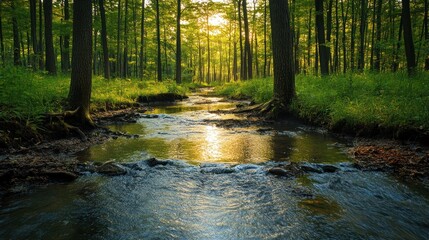 Obraz premium Sunlit Creek Through Forest