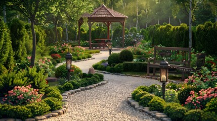 The path winds among flower beds and ornamental