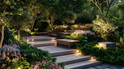 Obraz premium A stepped path surrounded by bushes and flowers img