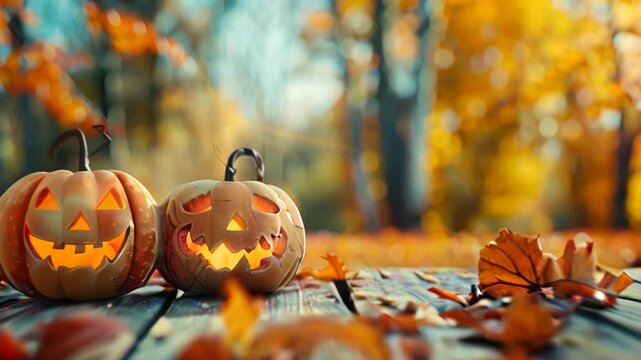 Two carved pumpkins glow warmly on a rustic wooden table, surrounded by vibrant autumn leaves. The background captures the essence of a magical fall evening with golden hues and a dreamy bokeh effect