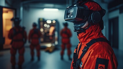 A person wearing a red jumpsuit and a VR headset stands in a room with three other people in the background.