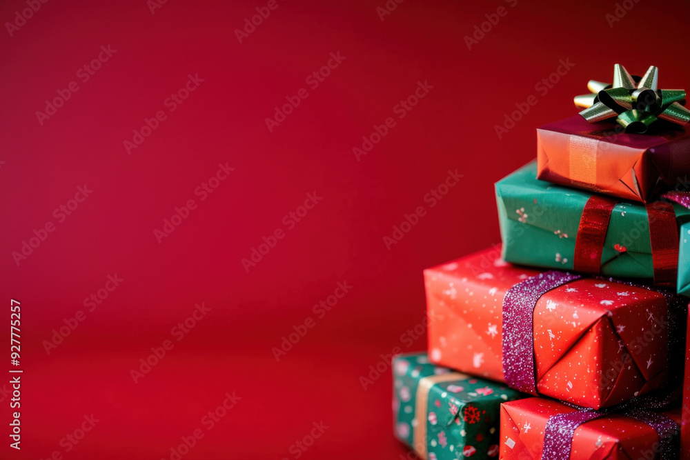 Poster stack of wrapped christmas presents is sitting on a red background with copy space