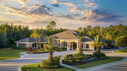 Fototapeta premium Luxury estate home with landscaped driveway and palm trees under a dramatic sunset sky.