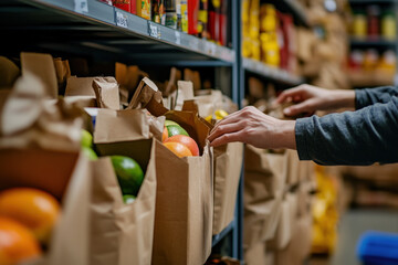 Food bank worker is packing groceries into paper bags for those in need