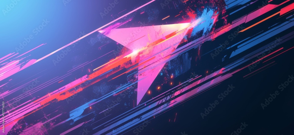 Poster neon arrow pointing upwards with colorful light stripes and bokeh effect on black background