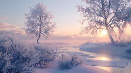 Winter morning with frost on tree branches