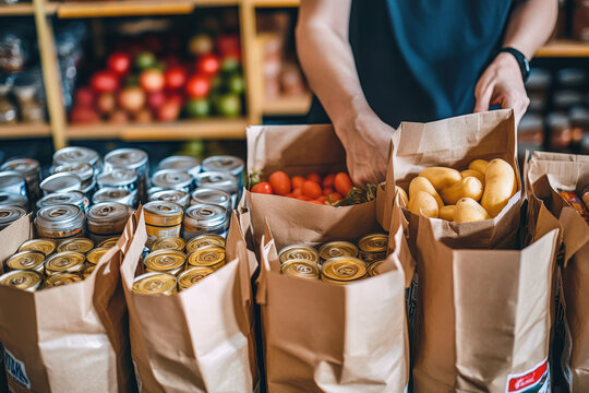Person is packing food donations into paper bags at a food bank