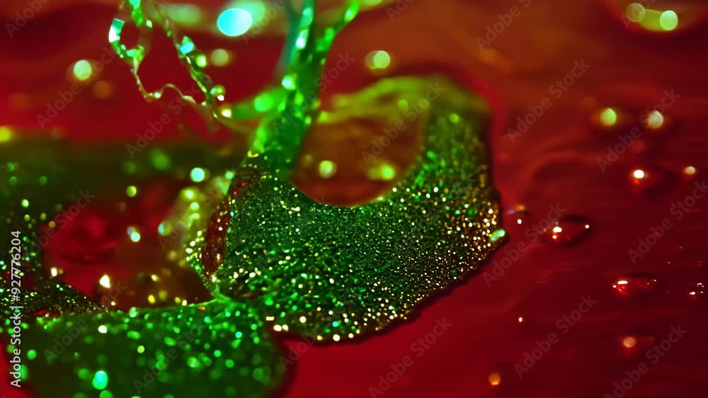 Poster Dynamic drops of green glitter in red oil or ink diffusing through water, creating an abstract aquatic swirls