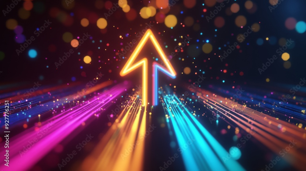 Poster neon arrow pointing upwards with colorful light stripes and bokeh effect on black background