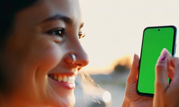 Chroma Green Screen Close-Up of Young Woman Donating via Charitable Giving App on Smartphone