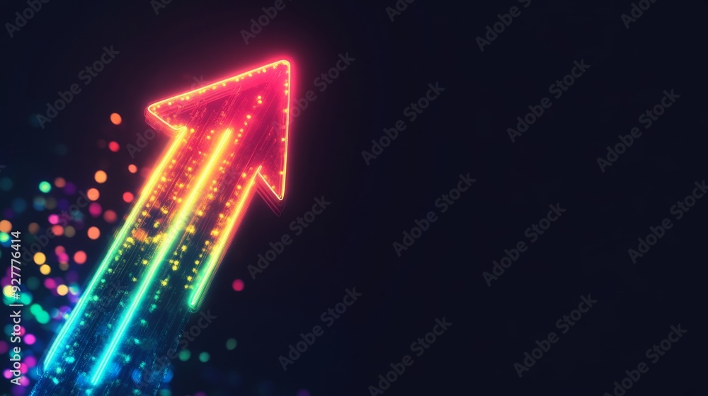 Poster neon arrow pointing upwards with colorful light stripes and bokeh effect on black background