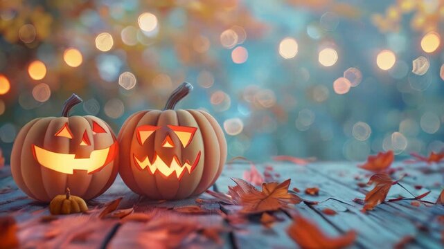 Two carved pumpkins glow warmly on a rustic wooden table, surrounded by vibrant autumn leaves. The background captures the essence of a magical fall evening with golden hues and a dreamy bokeh effect