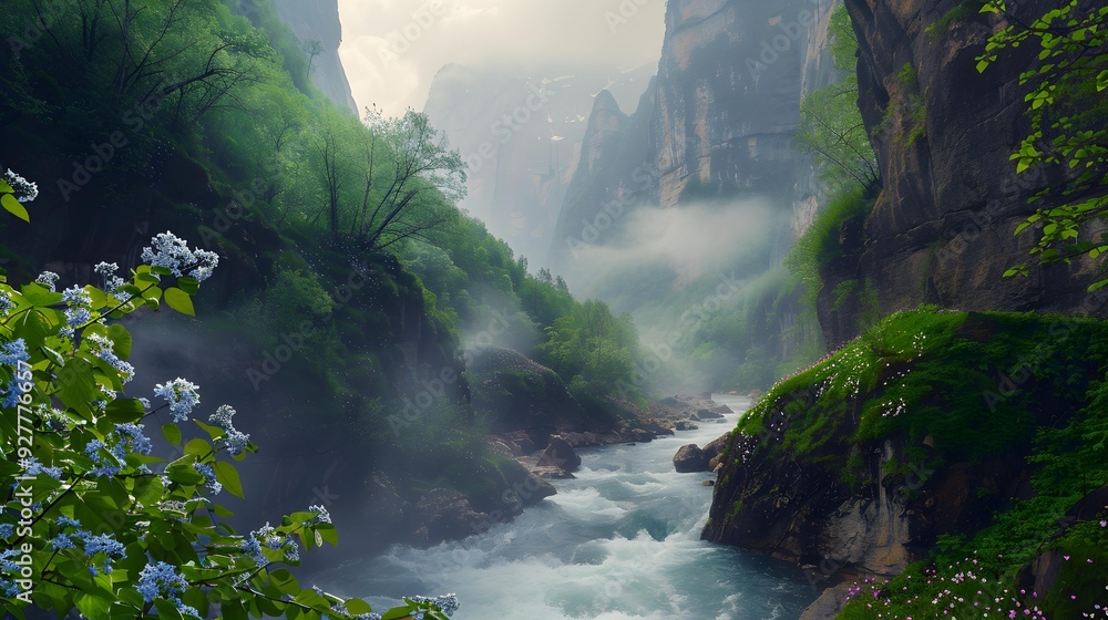 Poster gorge with steep cliffs covered with greenery