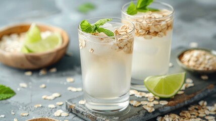 glass of oatzempic drink surrounded by lime slices and oat flakes, highlighting nutritional benefits
