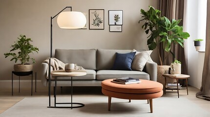Fototapeta premium To the left of the sofa, there is a modern floor lamp and a mid-century modern armchair with a matching footstool.