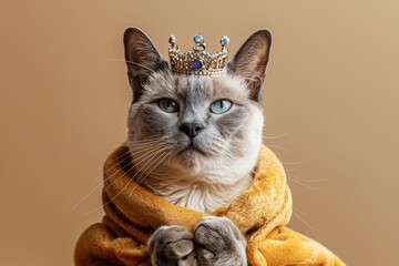 Royal Feline Majesty: A regal Siamese cat with piercing blue eyes sits majestically in a plush yellow robe, adorned with a glittering crown. The portrait captures the cat's aloof and regal demeanor, h