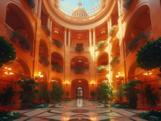 Fototapeta premium Gorgeous interior of a lavish architectural space featuring grand arches, majestic columns, elegant lighting, and a stunning glass dome