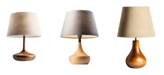 photo of  bedside lamp with a fabric shade and simple wooden base on isolated background
