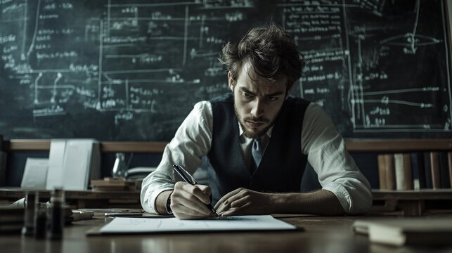 A cryptanalyst writing notes on a notepad, deep in thought with a chalkboard filled with cryptographic equations in the background