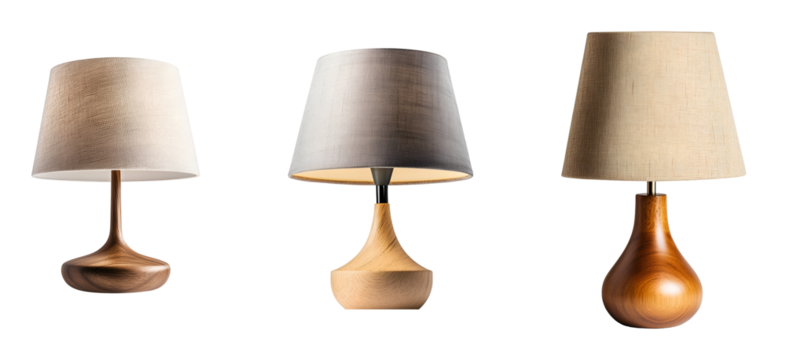 photo of  bedside lamp with a fabric shade and simple wooden base on isolated background
