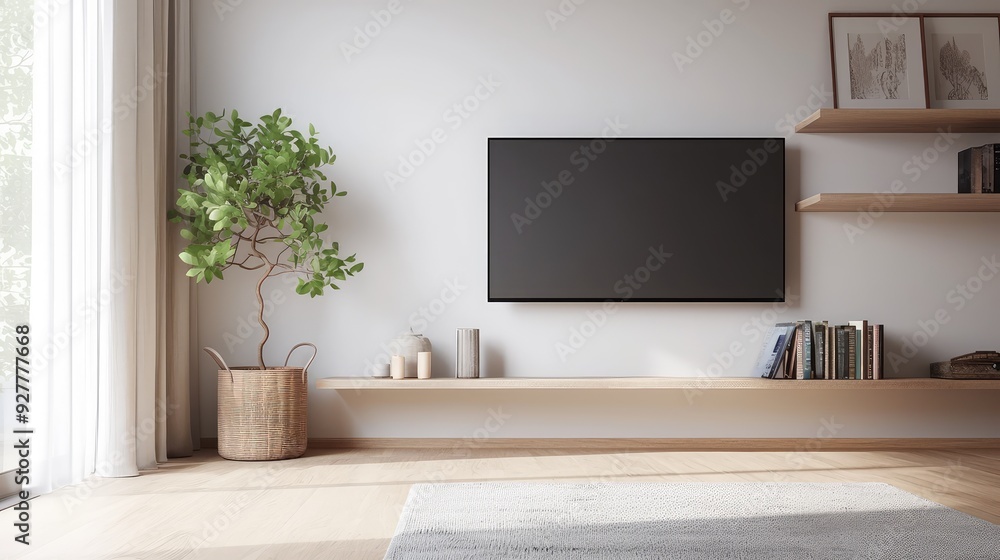 Poster Minimalist Living Room with Wall-Mounted TV
