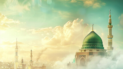 A poster for a mosque with a green dome and a mosque in the background. Milad un Nabi banner and Islamic background with Mawlid al Nabi celebration poster