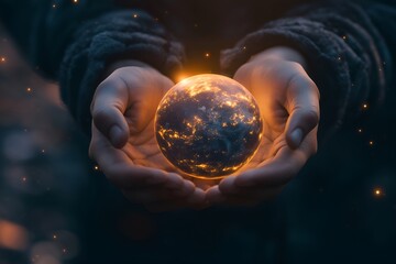 Hands Holding Glowing Earth: Global Care and Responsibility Concept
