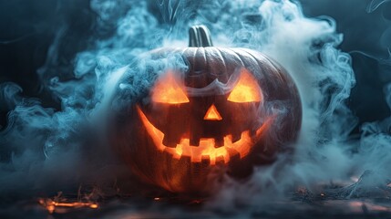 Fototapeta premium glowing jack-o'-lantern emerges from swirling smoke, creating a spooky and atmospheric Halloween scene