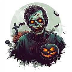 Creepy Halloween Zombies with Pumpkins and Horror Elements. White background. AI generated image