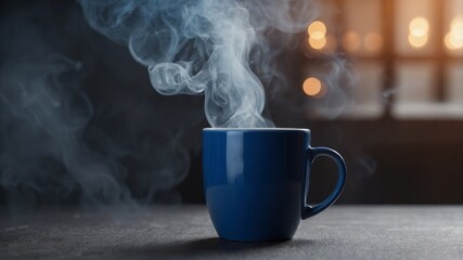 background blue on smoke with mug coffee a from launching Rocket.
