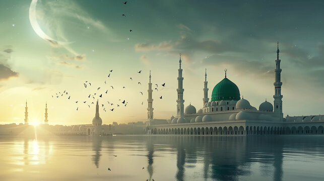 A poster for a mosque with a green dome and a mosque in the background. Milad un Nabi banner and Islamic background with Mawlid al Nabi celebration poster