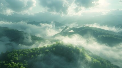 Obraz premium Green hills surrounded by dense clouds their peaks