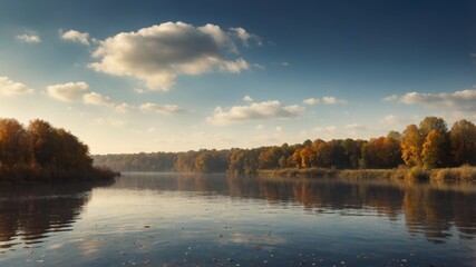 Fototapeta premium Autumn sky provides background for river bank offering ample copy space image.