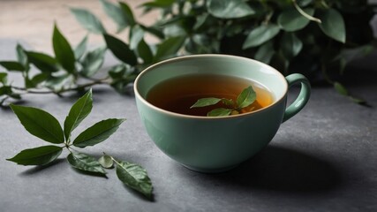 top on leaves fresh with leaves tea green of Bowl.