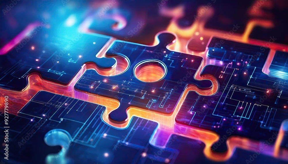 Poster an abstract, tech-infused background with interconnected puzzle pieces, representing the integration