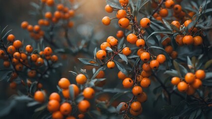 concept nature and harvest Autumn background blurred berries, orange ripe with seabuckthorn of Branch.