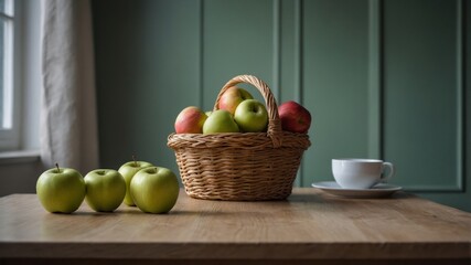 room in wall green by table on basket in Apples.