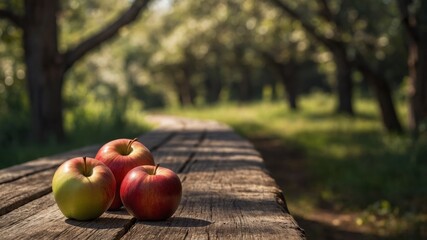 A row of apples on a rustic wooden table with copy space image.