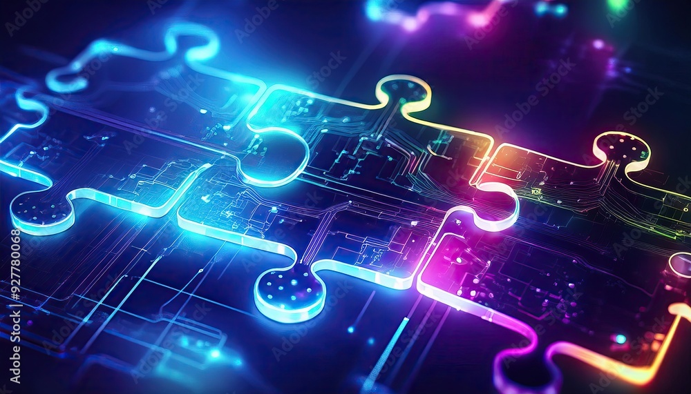Poster an abstract, tech-infused background with interconnected puzzle pieces, representing the integration
