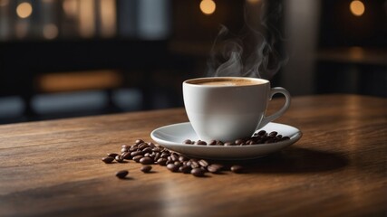 image space copy featuring cup and beans coffee with background Wooden.