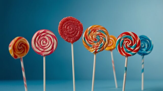 Colorful lollipops and assorted candies on a blue background.