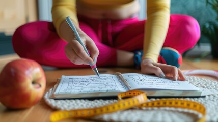 individual documenting weight loss progress in journal, handwritten notes, fitness journey