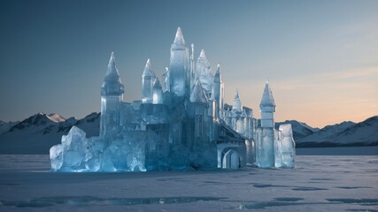 A frozen castle made of ice and light standing on a glacier.