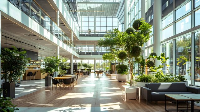 The business center with panoramic windows and stylish interiors